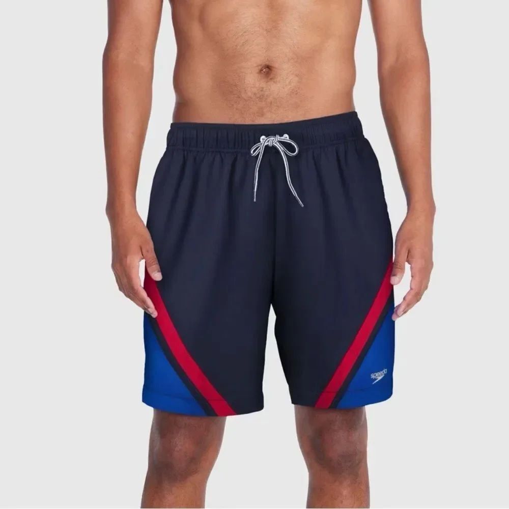 Speedo Men's Swim Trunks Swimwear UPF 50+ Blue/Red 7" Solid Colorblock Shorts XL